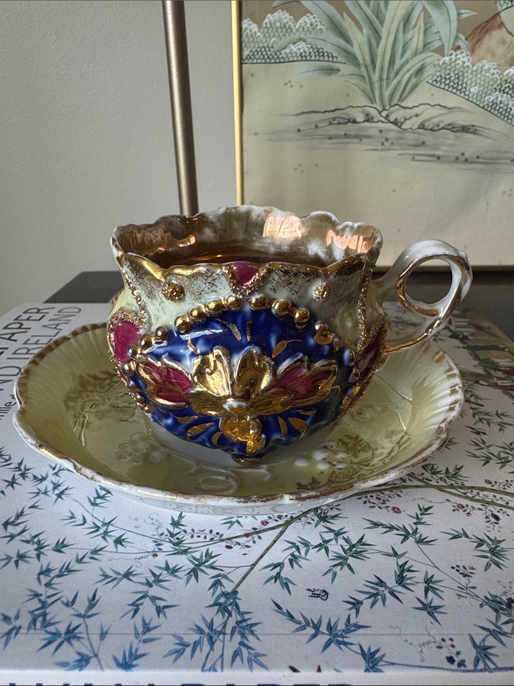 Antique RS Prussia Cabinet Cup Saucer Moriage Gold Interior